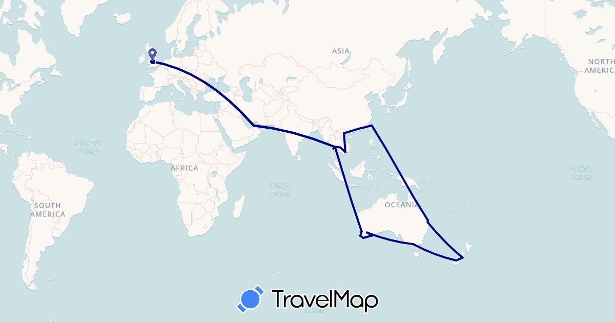 TravelMap itinerary: driving in United Arab Emirates, Australia, United Kingdom, Cambodia, New Zealand, Thailand, Taiwan, Vietnam (Asia, Europe, Oceania)